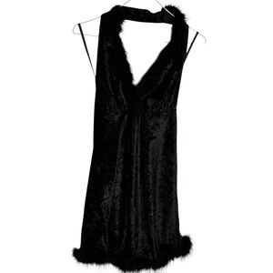 Black velvet halter feather trim midi dress nighty teddy  or costume gothic